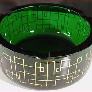 Vintage MCM Art Deco Ashtray Forest Green and Gold Hand Blown Art Glass